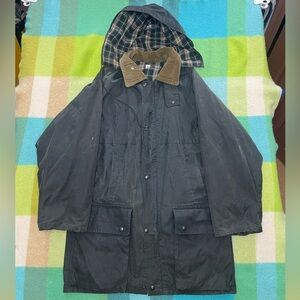 Vintage 80s Hunting Waxed Plaid Lined Trench Coat Green Corduroy